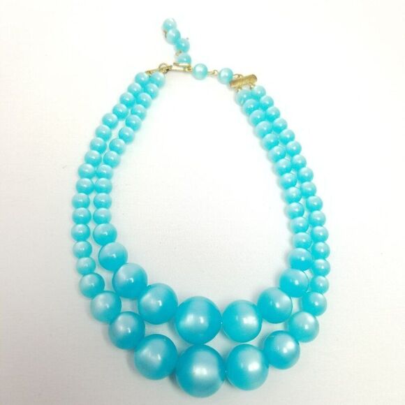 Vintage Blue Moonglow Double Strand Necklace 1950s, Graduated Sizes Beaded - Picture 7 of 7